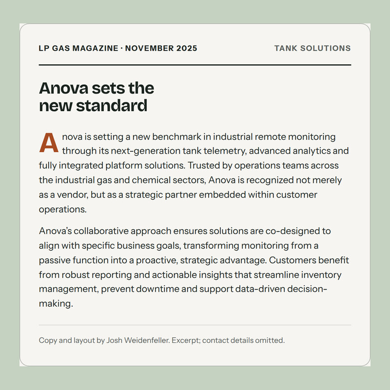 Typeset excerpt card from LP Gas Magazine, November 2025: Anova sets the new standard